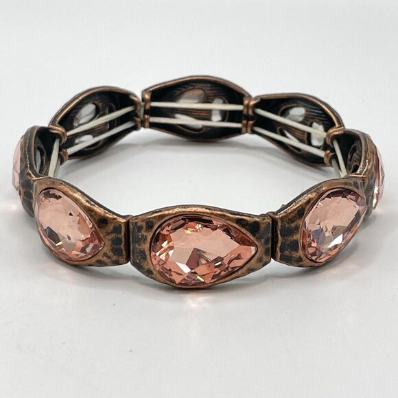 Copper Tone Hammer Finish Champaign Glass Rhinestone Metal Stretch Bracelet Bold - Picture 1 of 7
